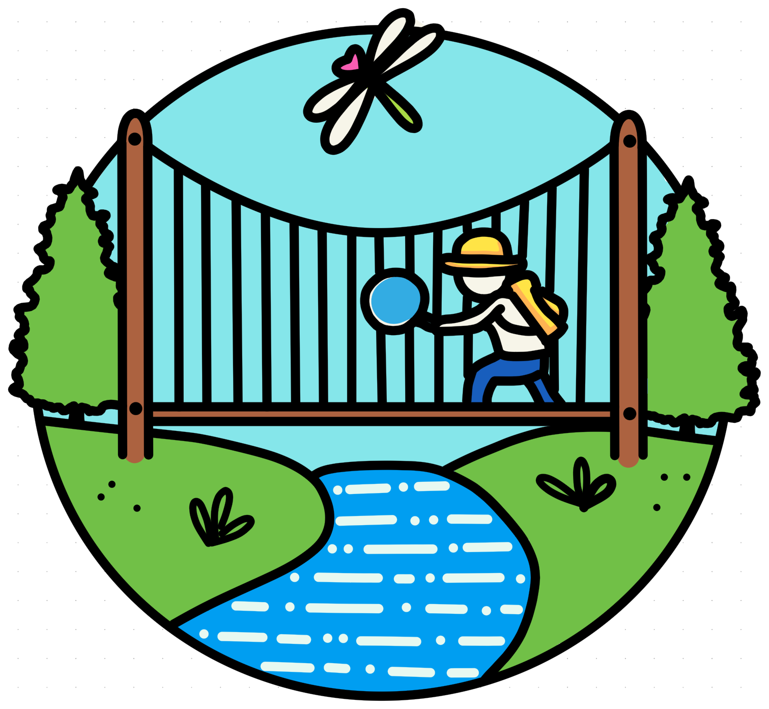 A colorful illustration of a child holding a magnifying glass, crossing a suspension bridge over a bright blue river, with tall green pine trees on either side